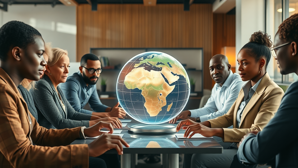 African media professionals collaborating around digital data hologram symbolizing digital sovereignty in Africa