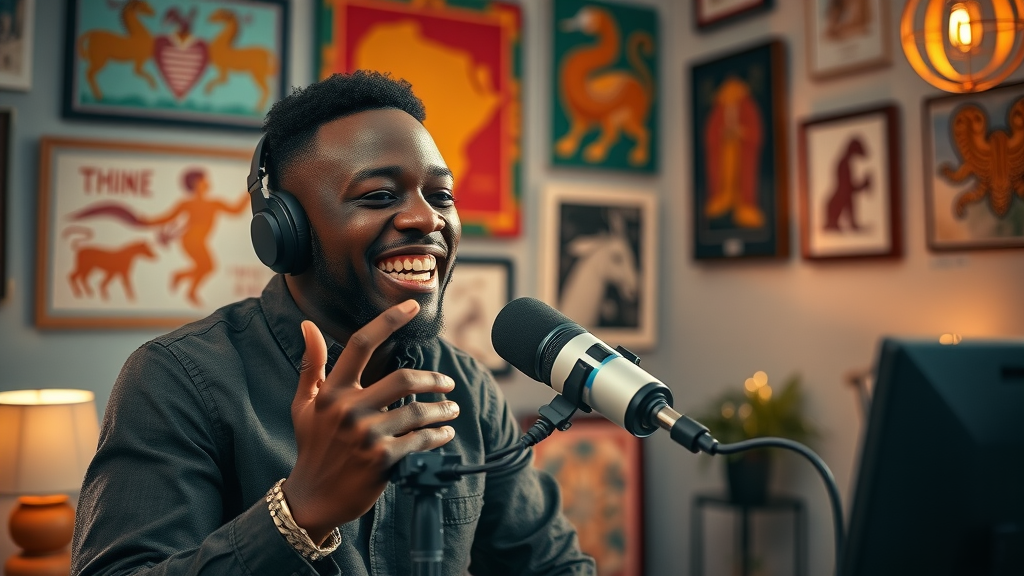 African journalist recording podcast in studio symbolizing narrative control in digital sovereignty in Africa