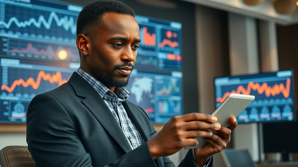 Thoughtful African media executive analyzing social media algorithm reports in newsroom, illustrating media empire strategy Africa risks