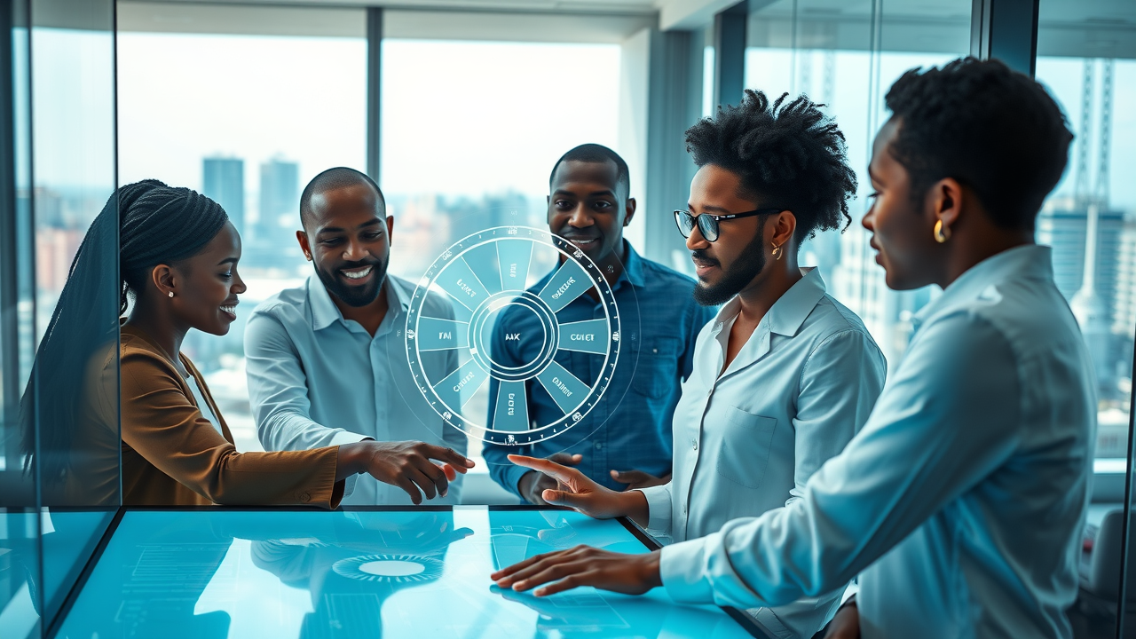 Innovative marketing team analyzing content engine flywheel explained digital diagram