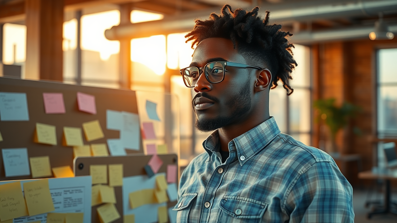 Ambitious founder engaged in content creation system planning using sticky notes and flowcharts