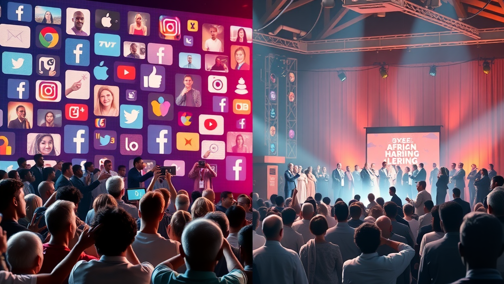 Split-screen contrasting social media algorithm barriers and open digital platforms owned by African leaders