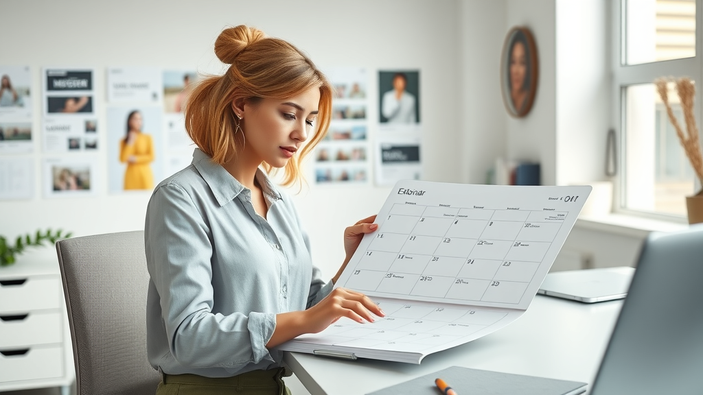 Determined female founder organizing editorial calendar on desktop, symbolizing systematized content creation