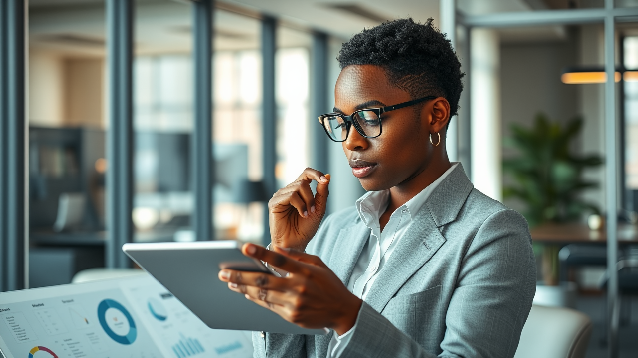 Business strategist using content creation system to analyze content flowchart on digital tablet