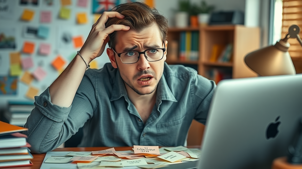 Overwhelmed entrepreneur with scattered sticky notes symbolizing chaotic content ideas