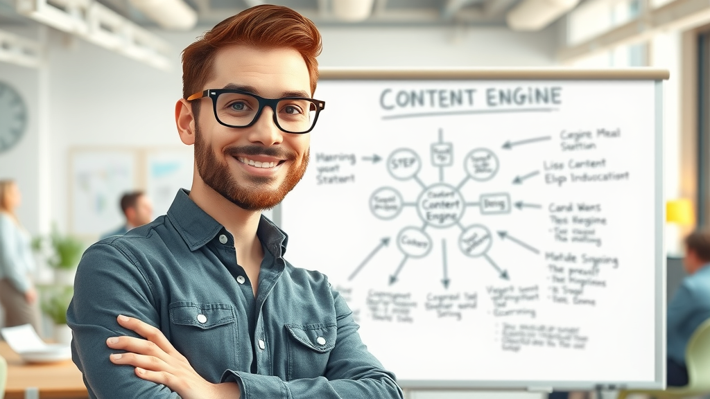 Marketer mapping out the Content Engine Flywheel on whiteboard in a collaborative brainstorming session