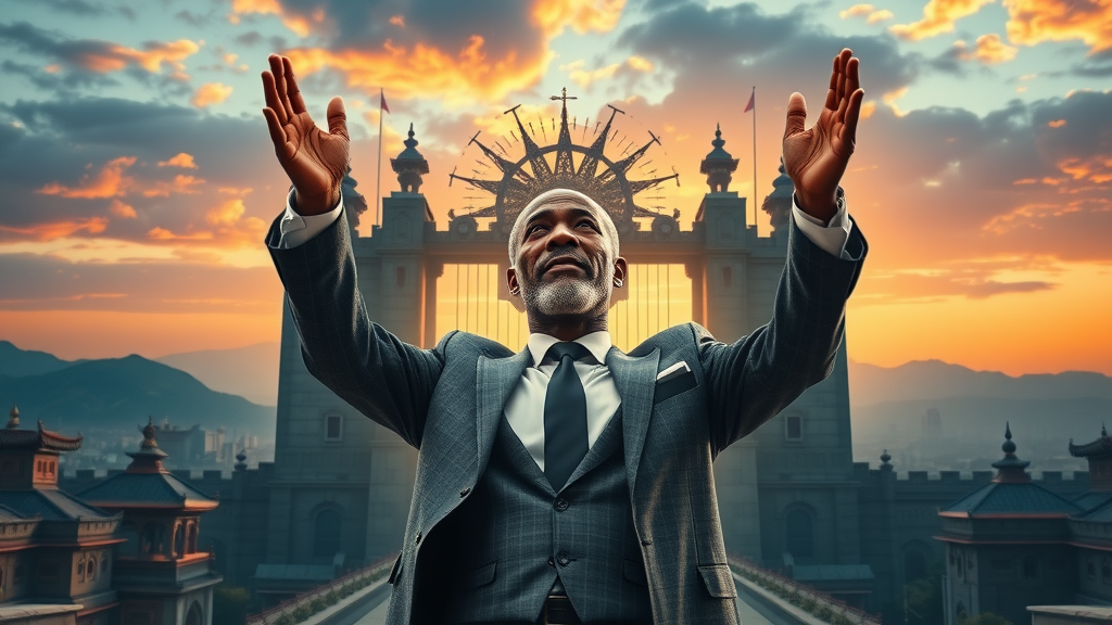 Triumphant African leader standing before symbolic digital fortress gates