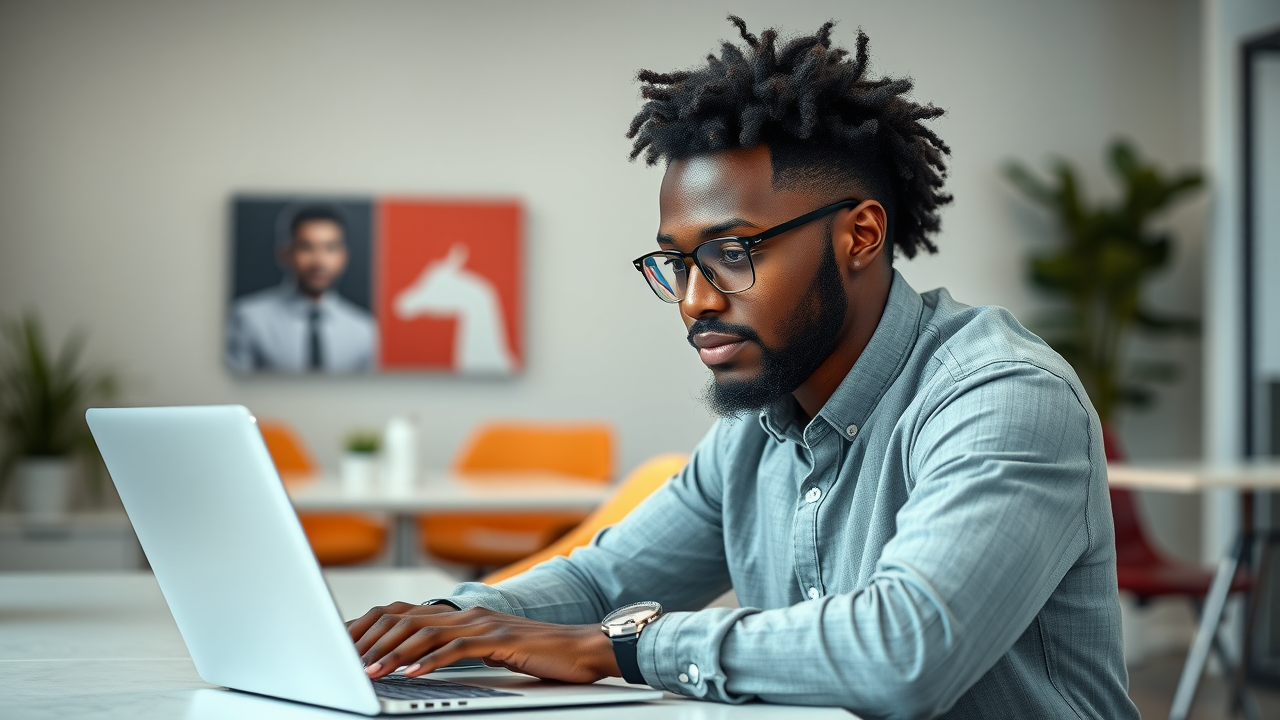Focused entrepreneur using content creation system to develop content on laptop