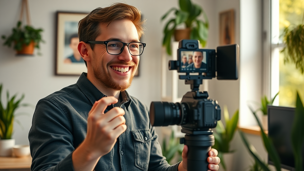 Motivated content creator filming short videos in a bright home studio for impactful social media presence