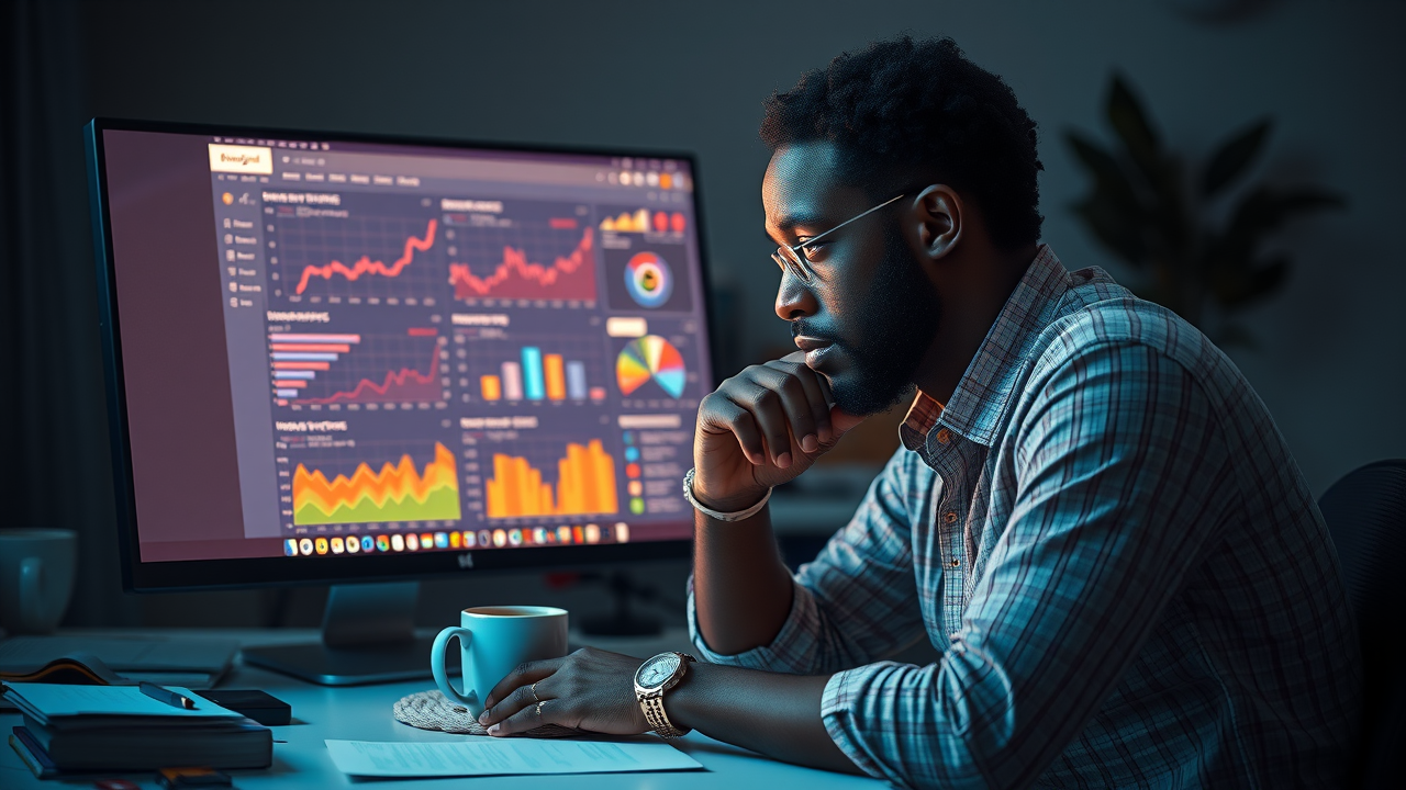Reflective African entrepreneur analyzing neglected website and vibrant social media dashboard highlighting common mistakes in media empire strategy Africa