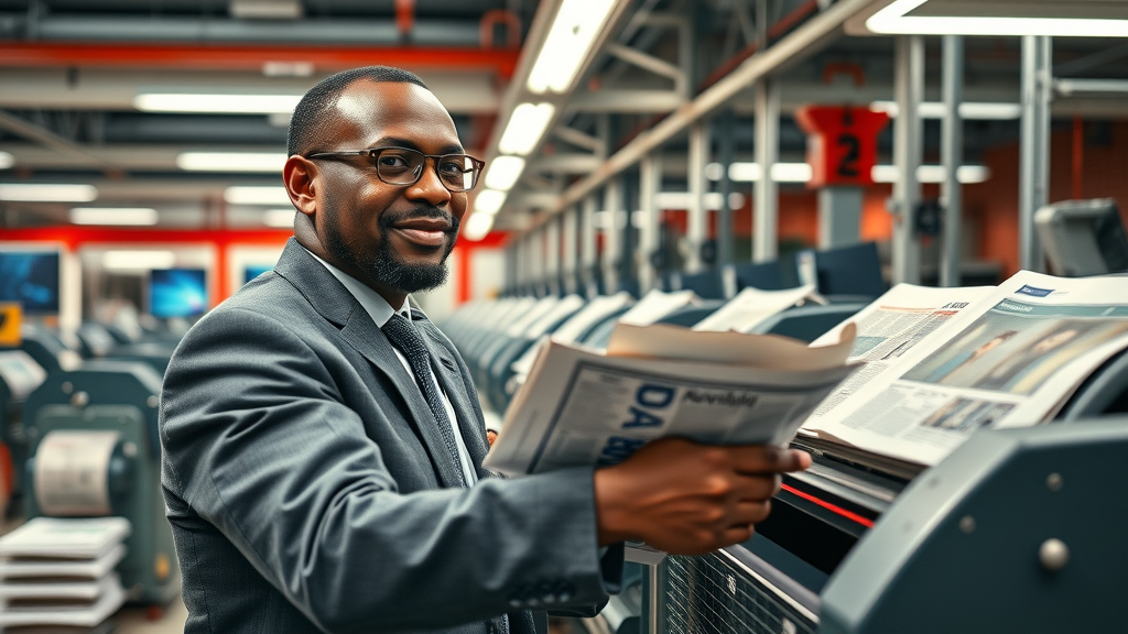 Proud African publisher overseeing newspaper printing highlighting traditional media