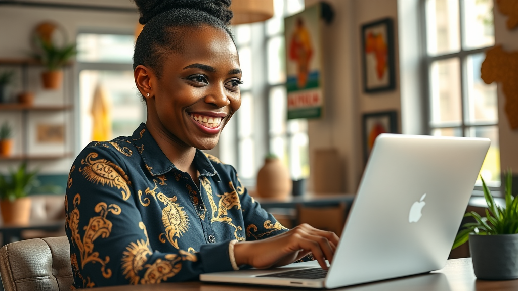 Empowered African founder managing newsletter outreach via laptop