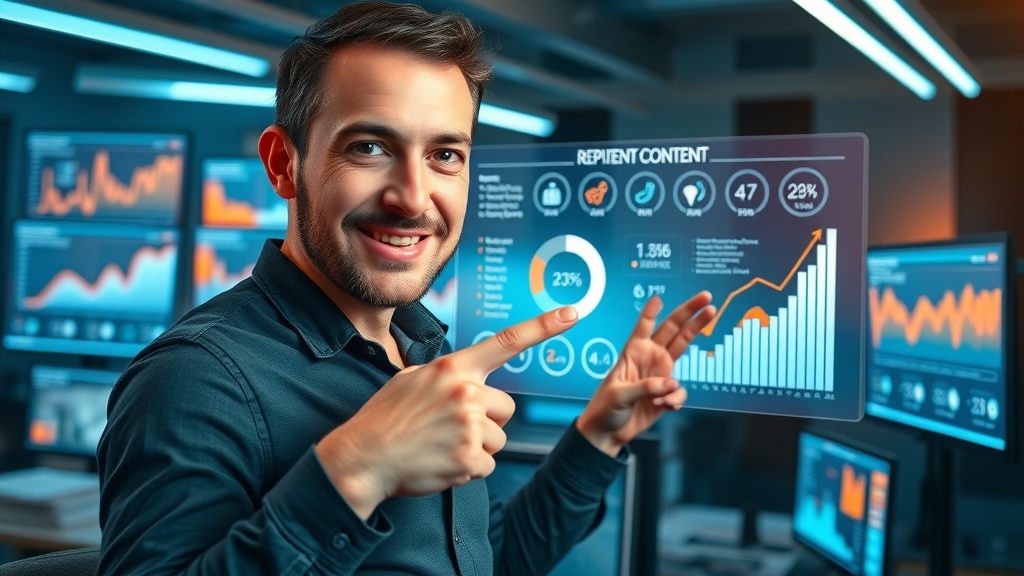 Creative marketer utilizing content creation system with infographic of repeated content cycles