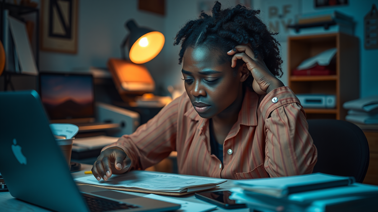 Exhausted startup founder facing content creation burnout in cluttered home workspace