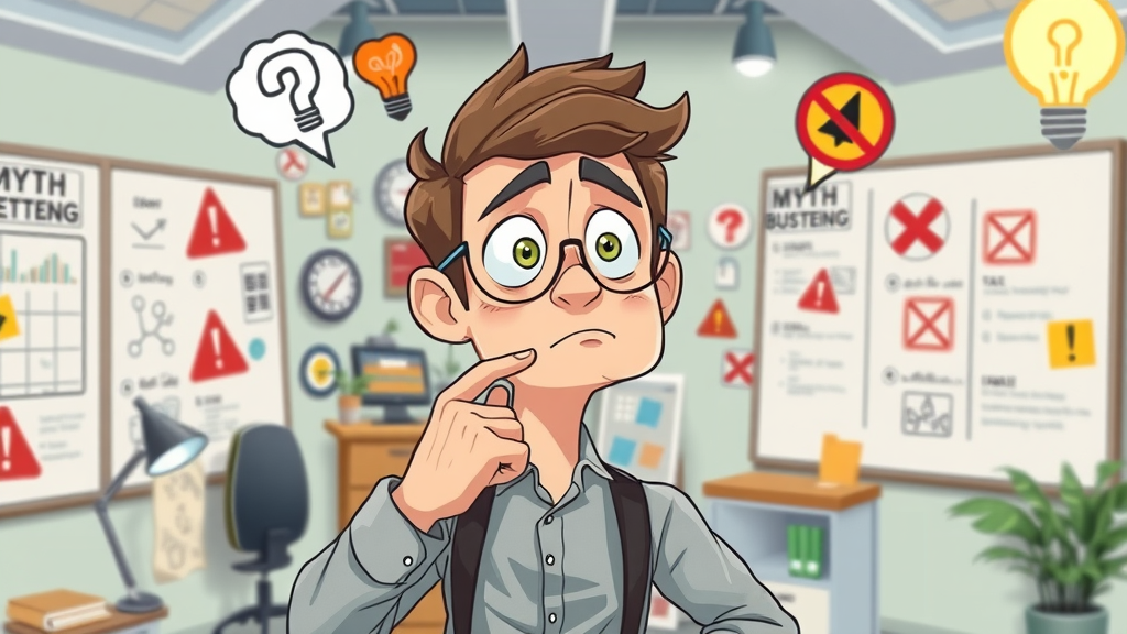 Confused entrepreneur surrounded by content flywheel myths illustrating misconceptions about the content engine flywheel explained