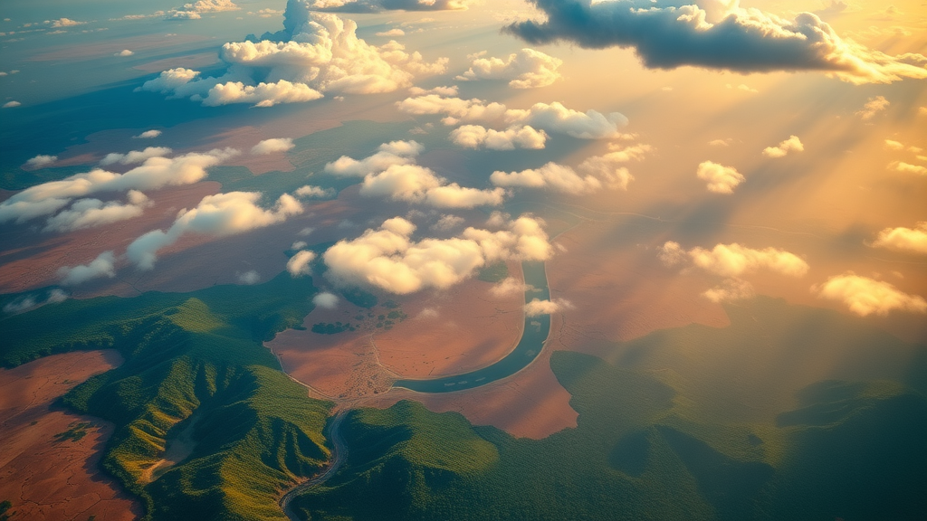 majestic top-down view of Africa showcasing deserts, jungles, rivers, and mountains, dynamic cloud shadows, golden hour sunlight, geography of Africa at a glance