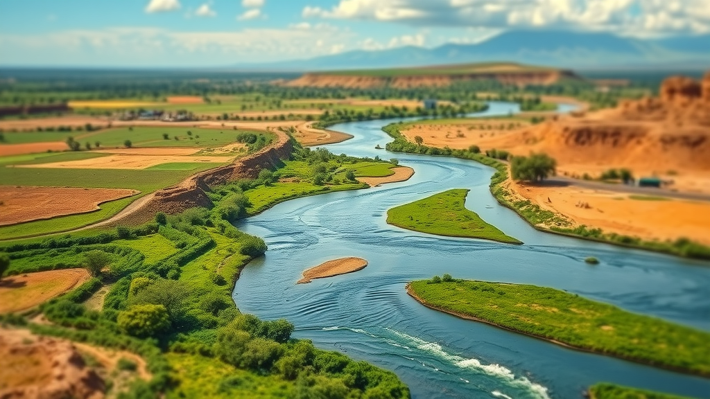 picturesque river snaking through African landscape, showing fertile land and arid terrain, villages and mountains, resource distribution