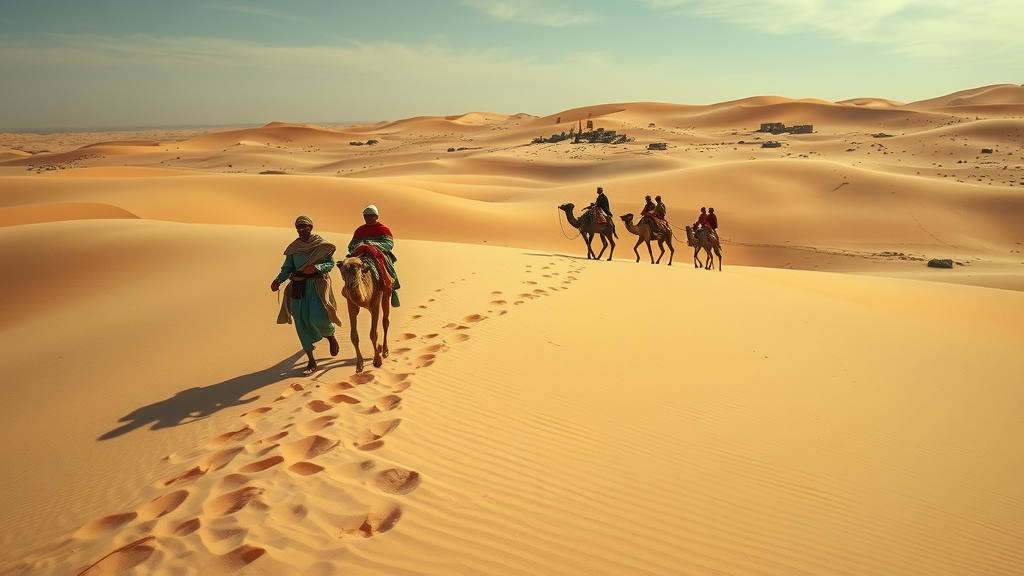 expansive trans-Saharan caravan crossing dunes with camels, ancient Sahel settlements in background, showcasing trade routes and barriers