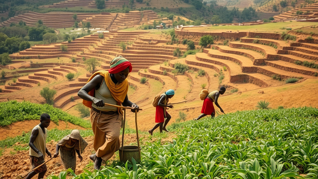 resourceful ancient African farmers using indigenous tools and irrigation, terraced fields, adaptations to tough geography