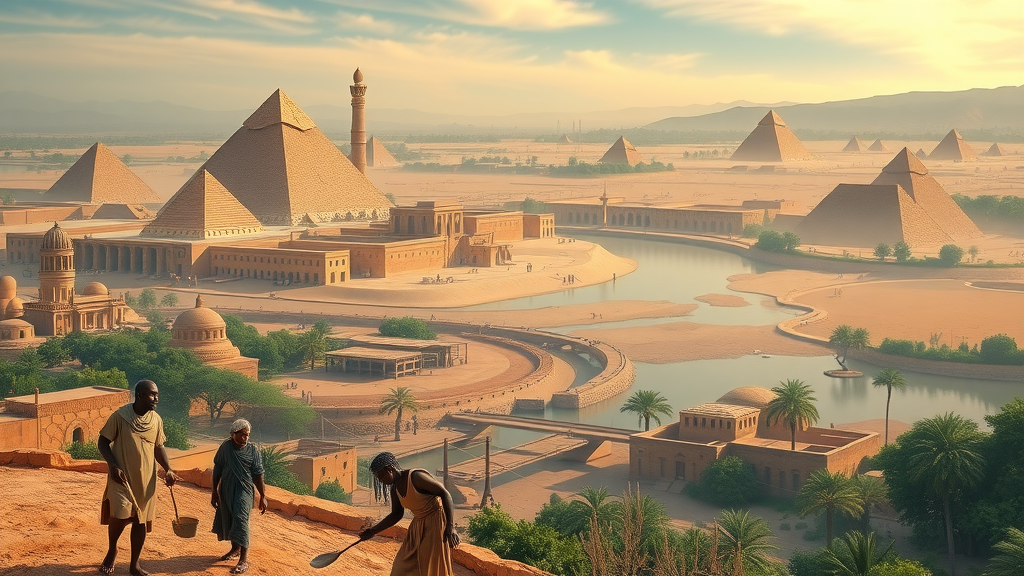 contrasting scenes of Ancient Egypt, Nubia, and Niger Valley, cityscapes with pyramids, rivers, mud-brick villages, geography-driven development