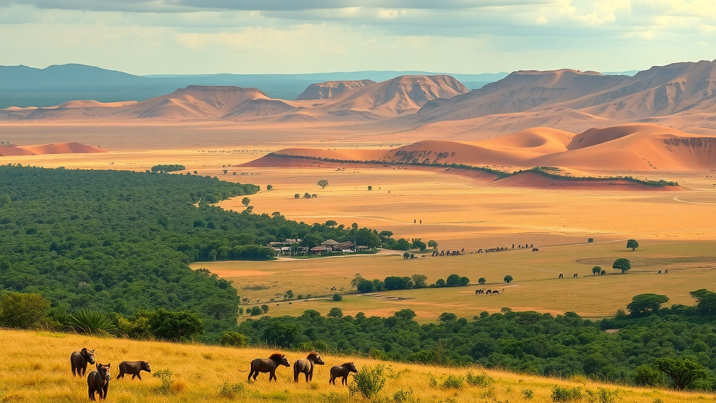 vast African savanna meeting dense jungle and rolling desert, settlements at boundaries, animals in migration, climate zone impacts