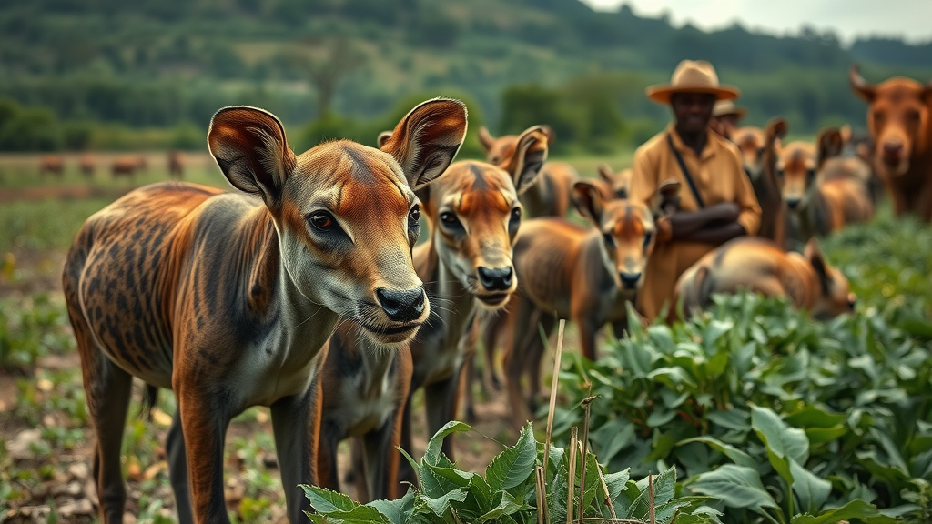 close-up of African wildlife near village edge, villagers protecting crops, signs of disease transmission and agricultural adaptation