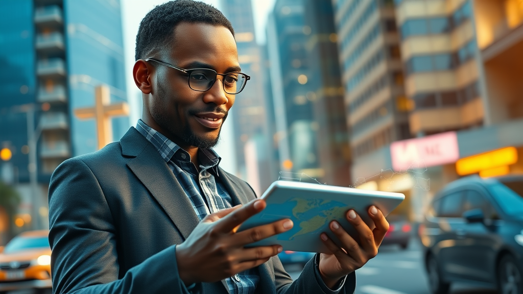 confident African entrepreneur in a modern city, analyzing strategic maps with business data, leveraging geography for business advantage