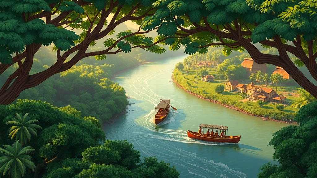 lush West African rainforest canopy bisected by winding river, canoes trading along waterways, ancient villages and resource-driven development