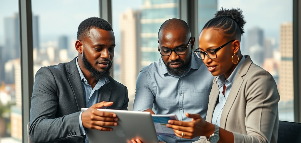 African business owners discussing 2025 digital marketing trends in a modern African office with cityscape, emphasizing digital marketing strategies