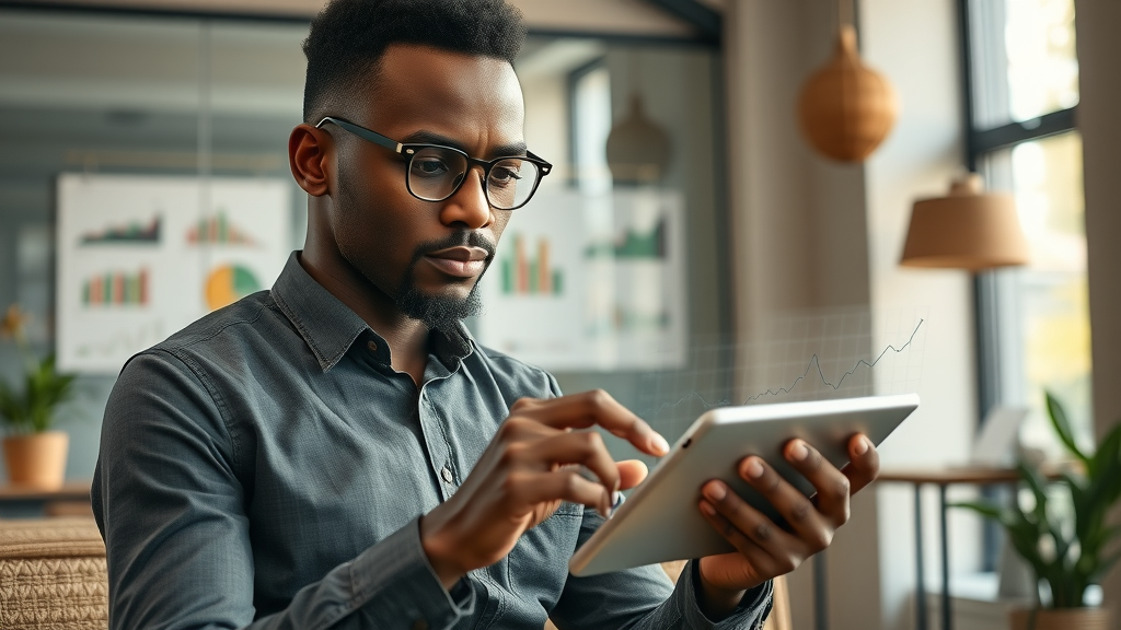 African entrepreneur using a tablet for analyzing digital marketing trends in Africa for 2025