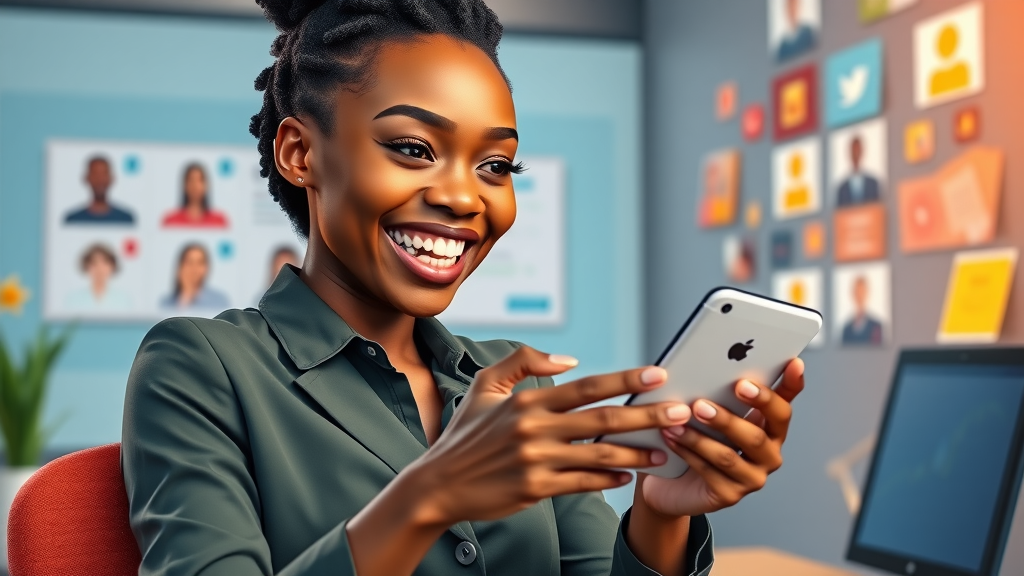 Young African businesswoman engaging with social media followers, customer engagement, social media strategy in Africa 2025