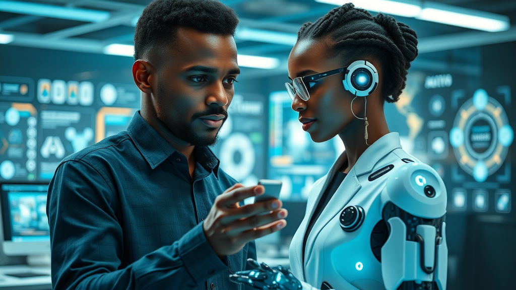 African marketer using AI-powered tools to enhance digital marketing strategies and customer engagement