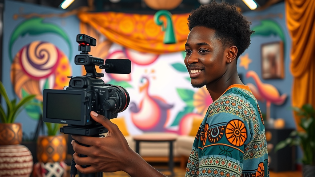 Young African content creator recording effective marketing video, showcasing video content as a top digital marketing trend for 2025