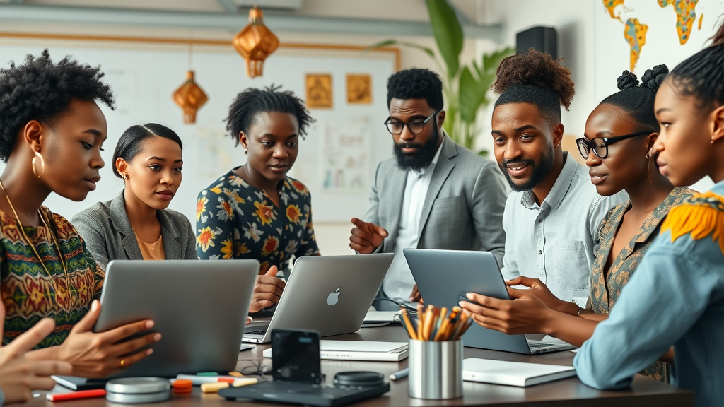 sovereign ai in african languages - Diverse African computer scientists collaborating on AI models in a modern tech office