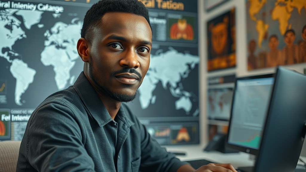 ai sovereignty - African AI researcher analyzing local vs global data for language models in a high-tech workspace