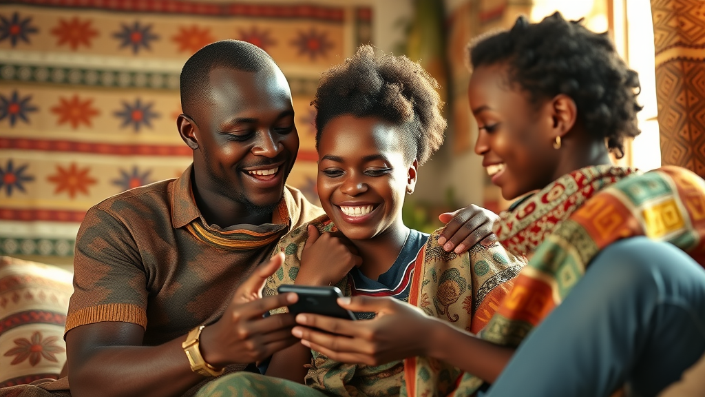 ai model - East African family interacting with Swahili AI voice assistant, cultural home setting