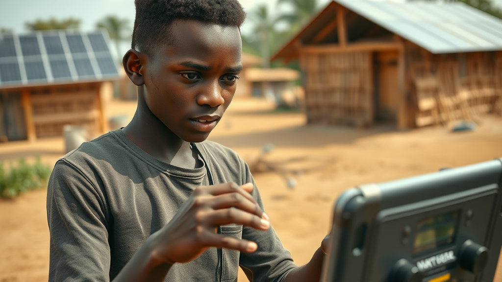ai model - African coder collecting language data in rural landscape, focus on data sovereignty challenges