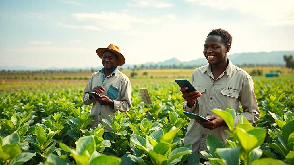 AI for African smallholder farmers: Farmers using digital devices to monitor lush crops, vibrant rural farmland and automated irrigation