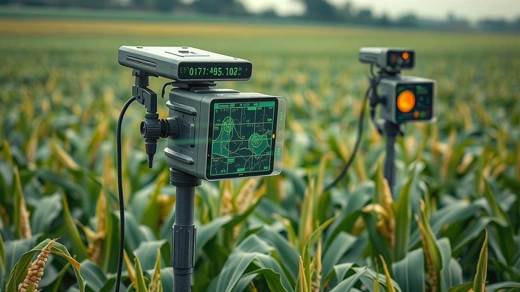 AI-powered agricultural sensors scanning African crops for disease and moisture; digital overlays with predictive analytics
