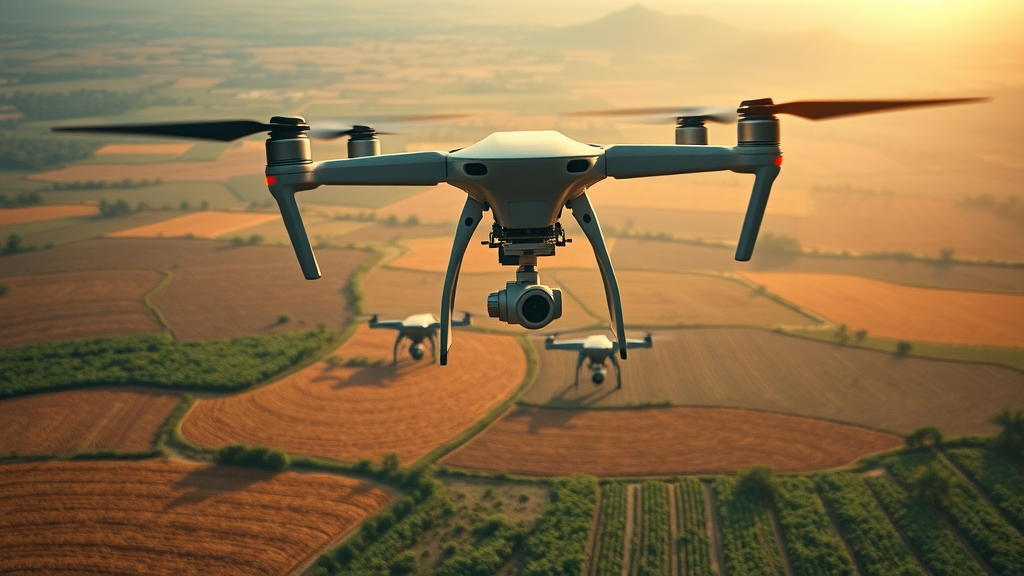 Drone-based crop monitoring for African smallholder farmers; digital overlays, responsive tech in action, expansive landscape