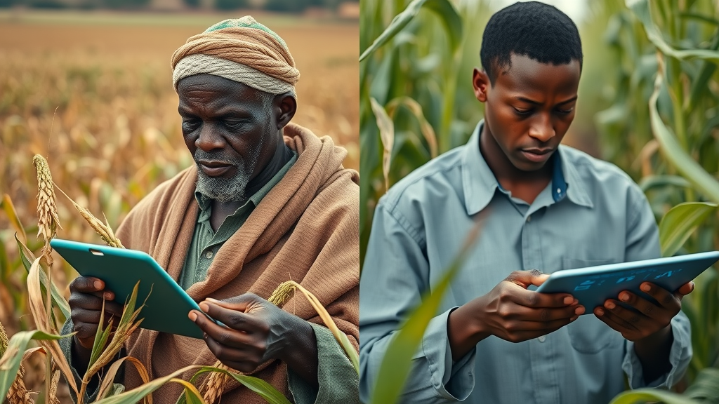 Traditional African farmer manually estimating crop yield contrasted with farmer using digital AI tablet for analysis