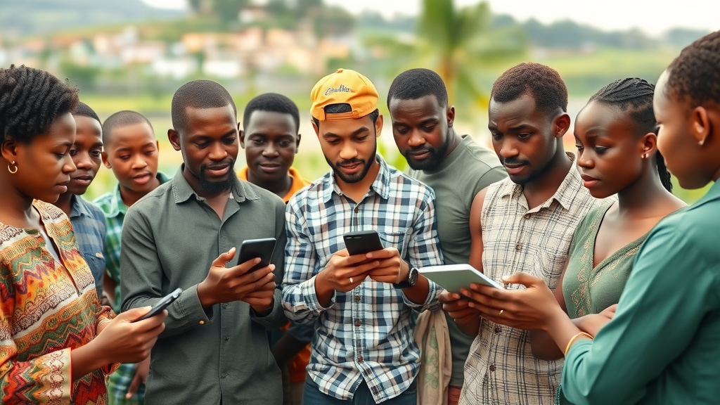 Community forum of African smallholder farmers receiving technology training on smart devices; learning with smartphones and notebooks in a vibrant rural outdoor setting