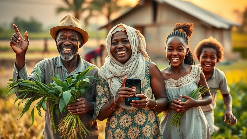 African smallholder farmer family celebrating a bountiful AI-assisted harvest, holding mobile device with agricultural app, vibrant rural scene