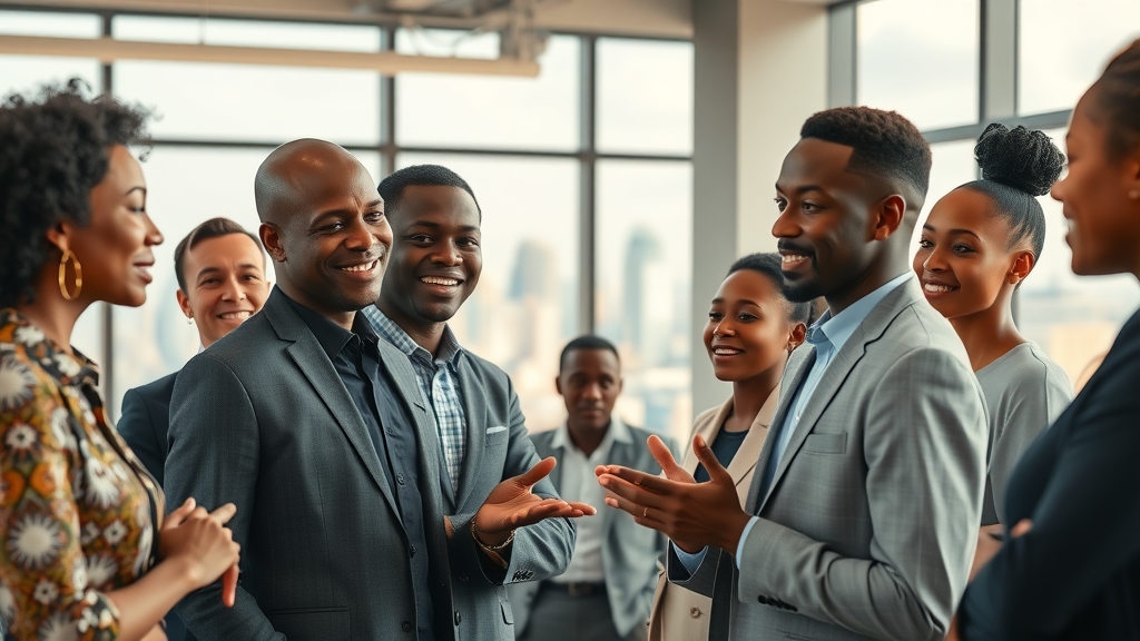 ai skills for the african workforce shown by African professionals collaborating in a modern office with a futuristic African city skyline