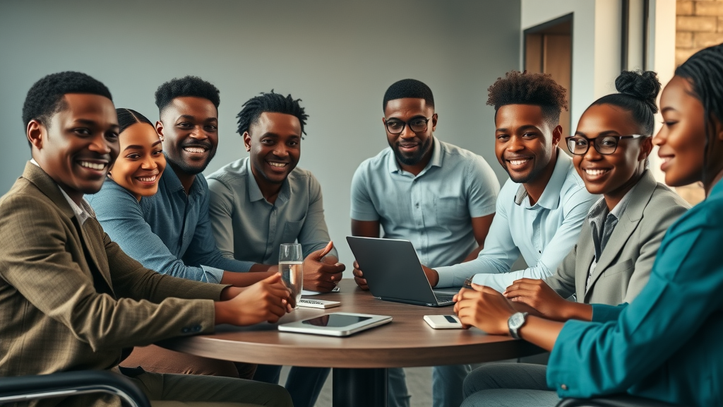 african workforce mastering ai skills through teamwork and technology in a modern office setting