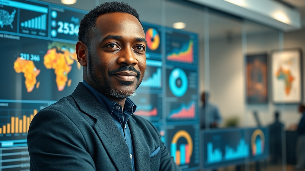 global ai and workforce innovation in south africa illustrated by an African leader analyzing digital AI data