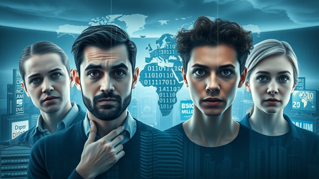 Thought-provoking digital artwork of a world map overlaid with flowing binary code symbolizing digital sovereignty with professionally dressed African men and women looking concerned against a futuristic cityscape backdrop