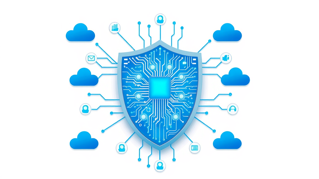 Modern illustration of a blue circuit shield surrounded by cloud icons representing protection of digital sovereignty, no humans, high-tech minimalistic design