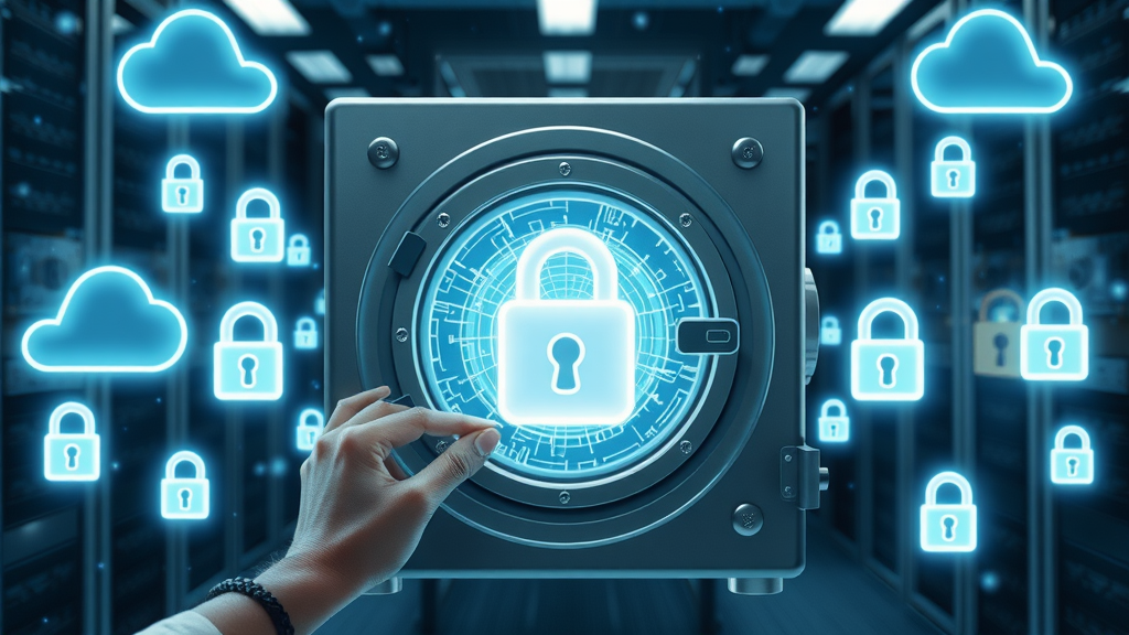 Secure luminous data vault with cloud icons representing sovereign cloud infrastructure important for digital sovereignty in Africa