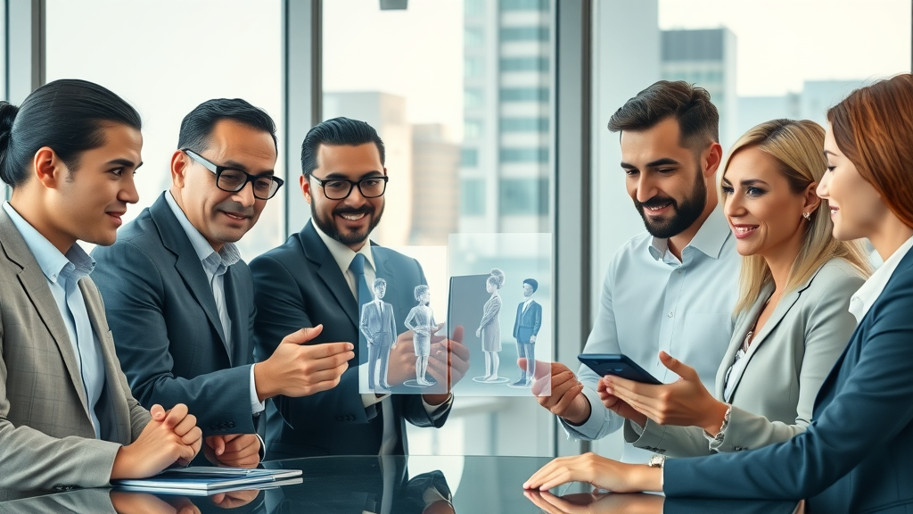 Confident, professionally dressed African leaders collaborating in a modern boardroom using digital holograms symbolizing leadership in digital sovereignty